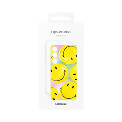 OBtech Samsung Galaxy S24+ Flip Suit cover featuring a vibrant yellow smiley face pattern in retail packaging.