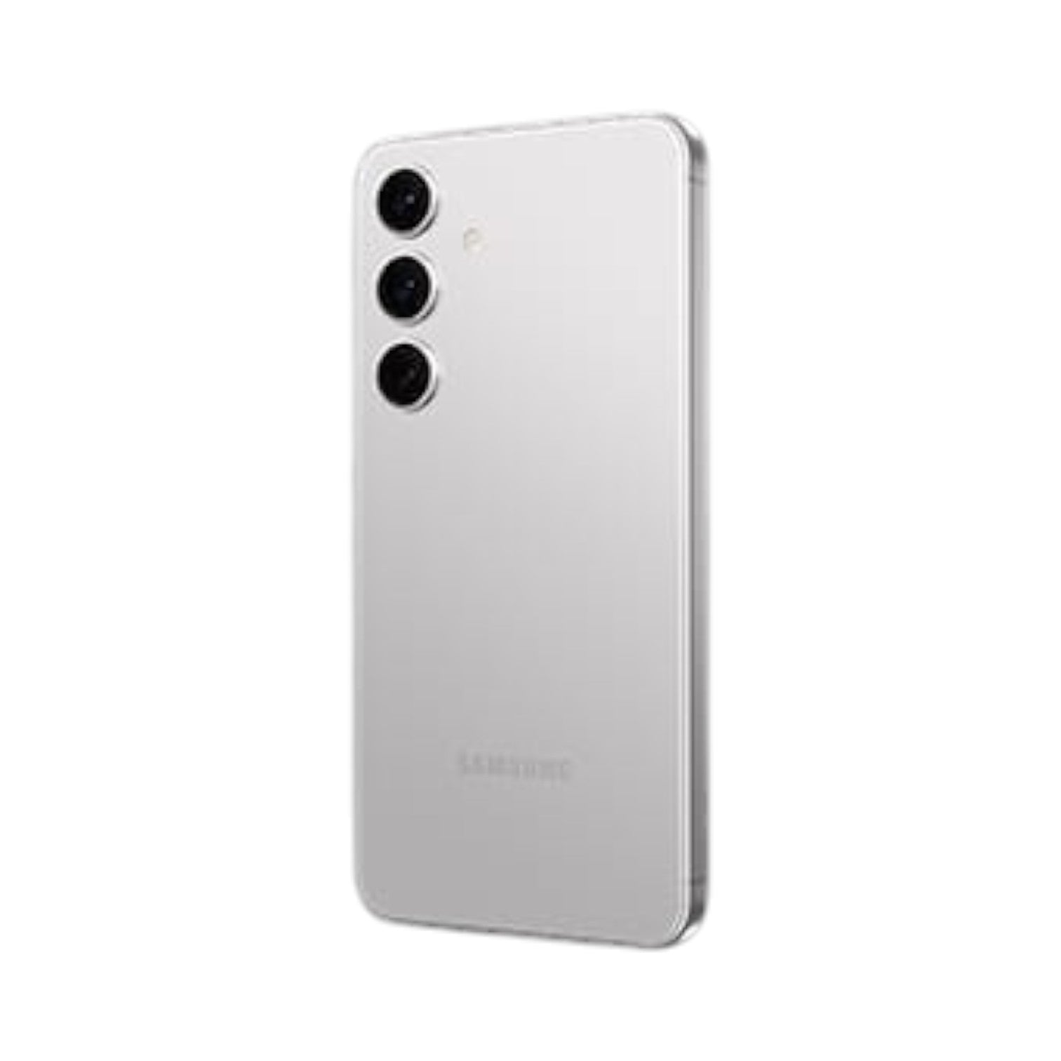 OBtech Samsung Galaxy S24 smartphone in silver with a triple-camera system and sleek Armor Aluminum frame.