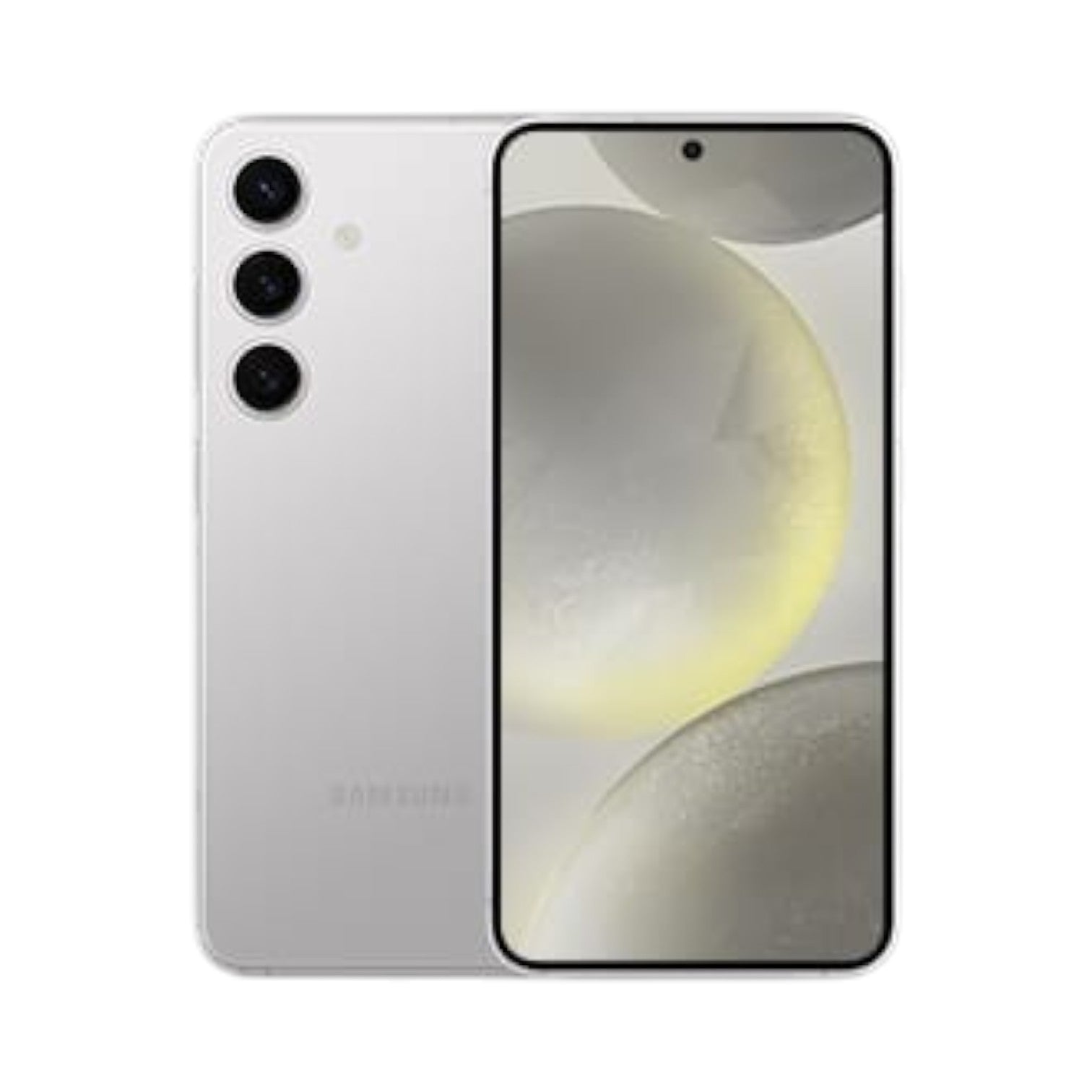 OBtech Samsung Galaxy S24 smartphone in silver with a triple-camera system and vibrant AMOLED display.