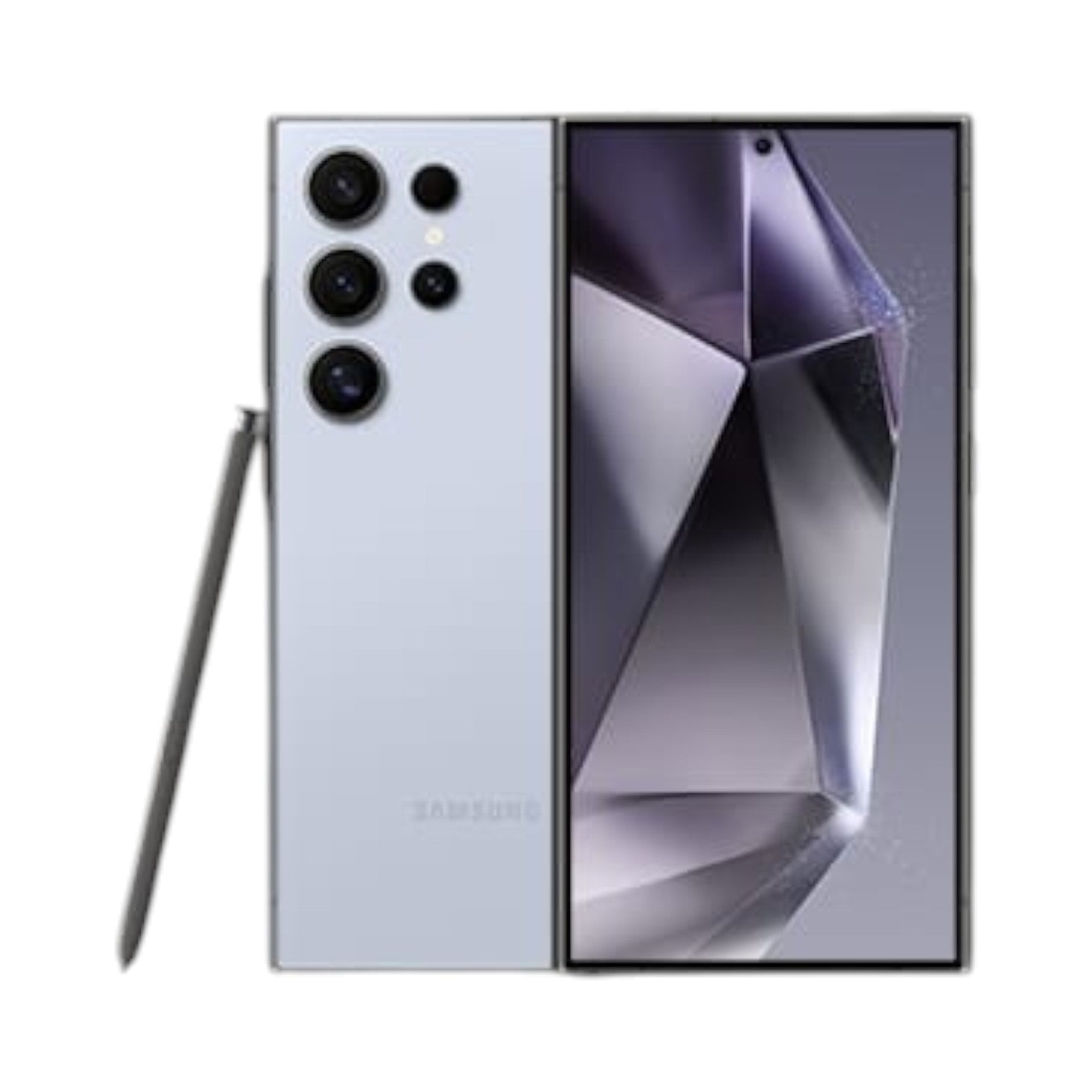 OBtech Samsung Galaxy S24 Ultra in light blue with titanium frame, quad-camera system, and included S Pen stylus.