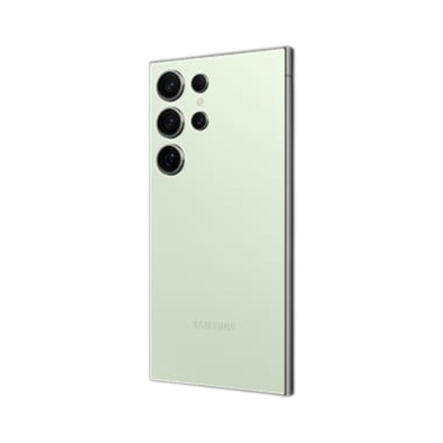 OBtech Samsung Galaxy S24 Ultra in light green with a titanium frame and quad-camera system, rear view.