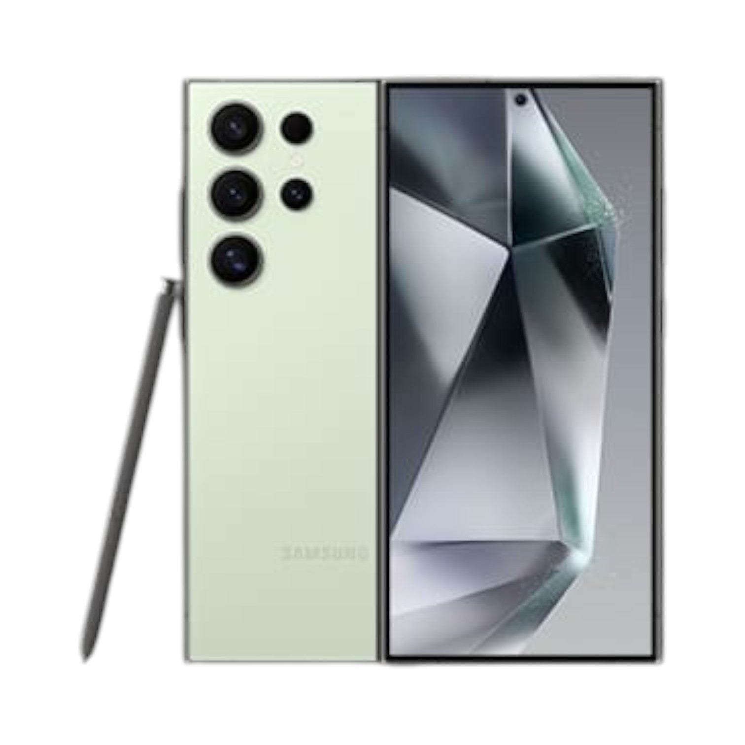 OBtech Samsung Galaxy S24 Ultra in light green with titanium frame, quad camera system, and integrated S Pen.