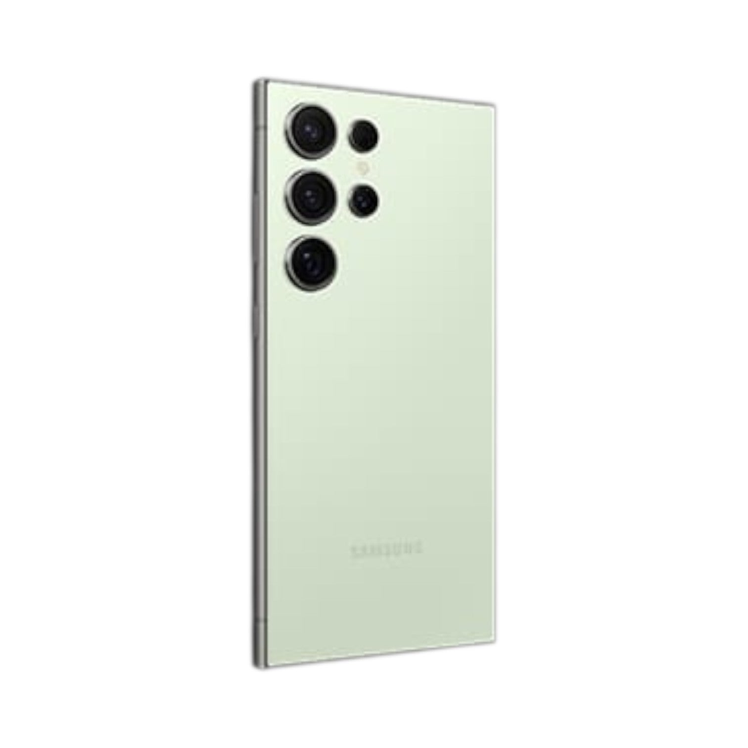 OBtech Samsung Galaxy S24 Ultra in light green with a titanium frame and quad-camera system, rear view.