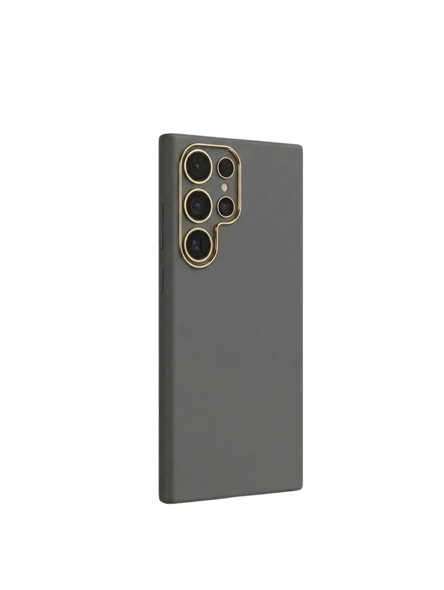 OBtech Samsung Galaxy S24 Ultra PC cover in matte grey with gold-accented camera ring protection.