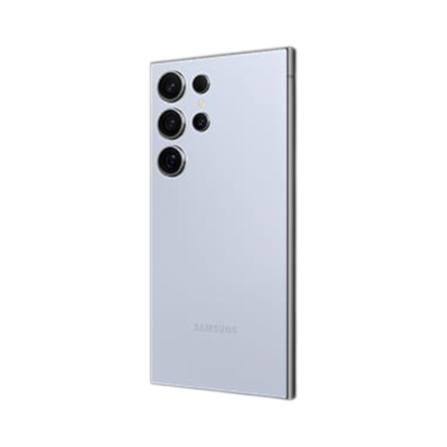 OBtech Samsung Galaxy S24 Ultra smartphone in light grey with a titanium frame and quad-camera system, rear view.