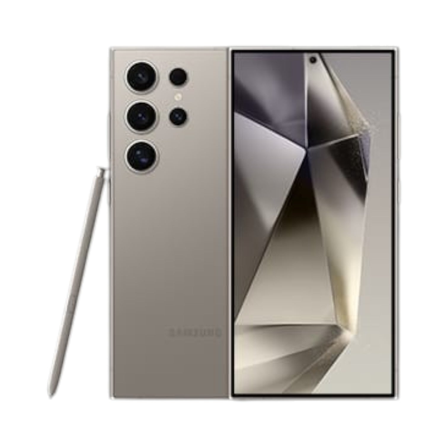 OBtech Samsung Galaxy S24 Ultra in titanium grey with S Pen, showing front display and rear quad-camera system.