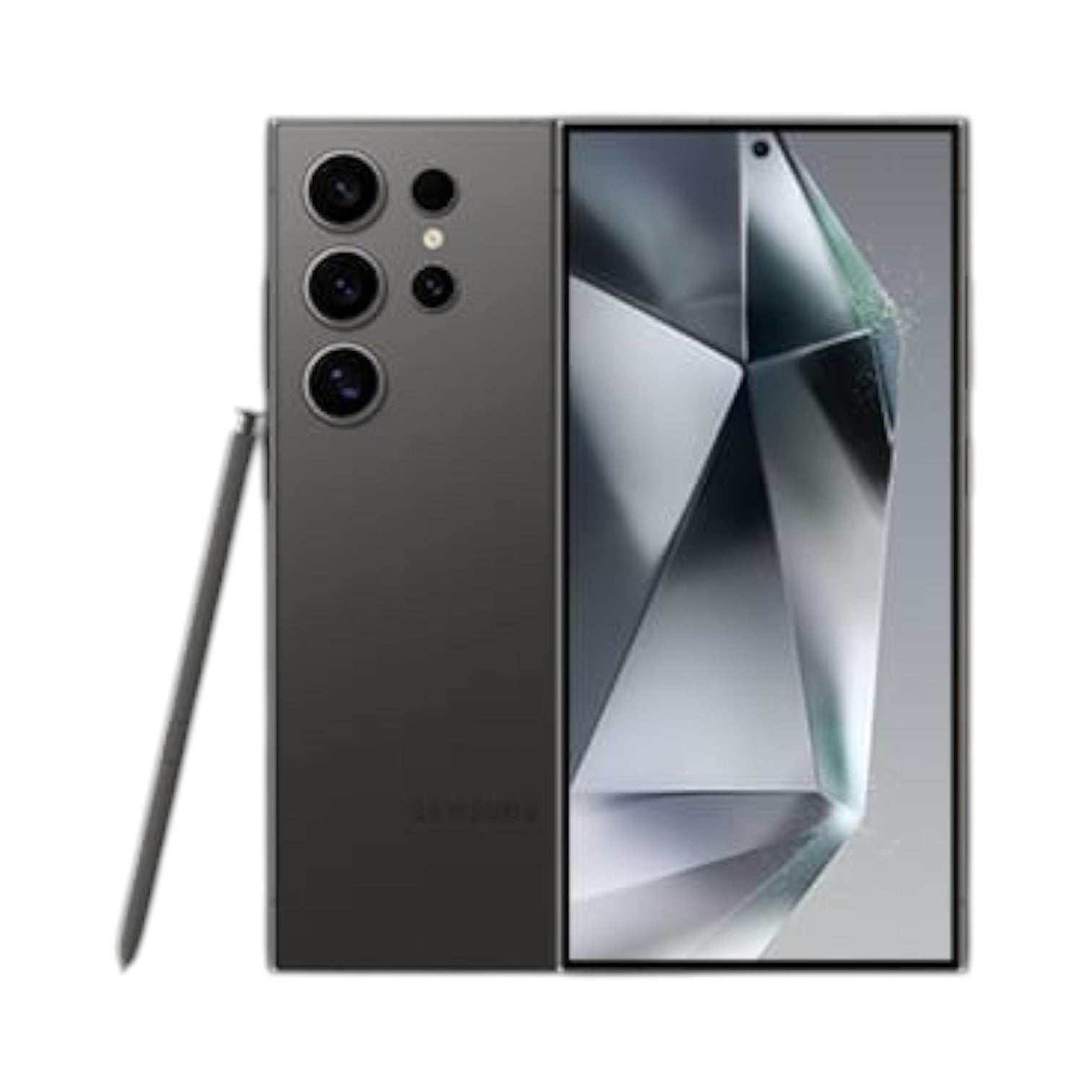 OBtech Samsung Galaxy S24 Ultra in titanium grey with S Pen, showing the quad-camera array and large AMOLED display.