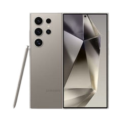 OBtech Samsung Galaxy S24 Ultra in titanium grey with S Pen, showing front display and rear quad-camera system.