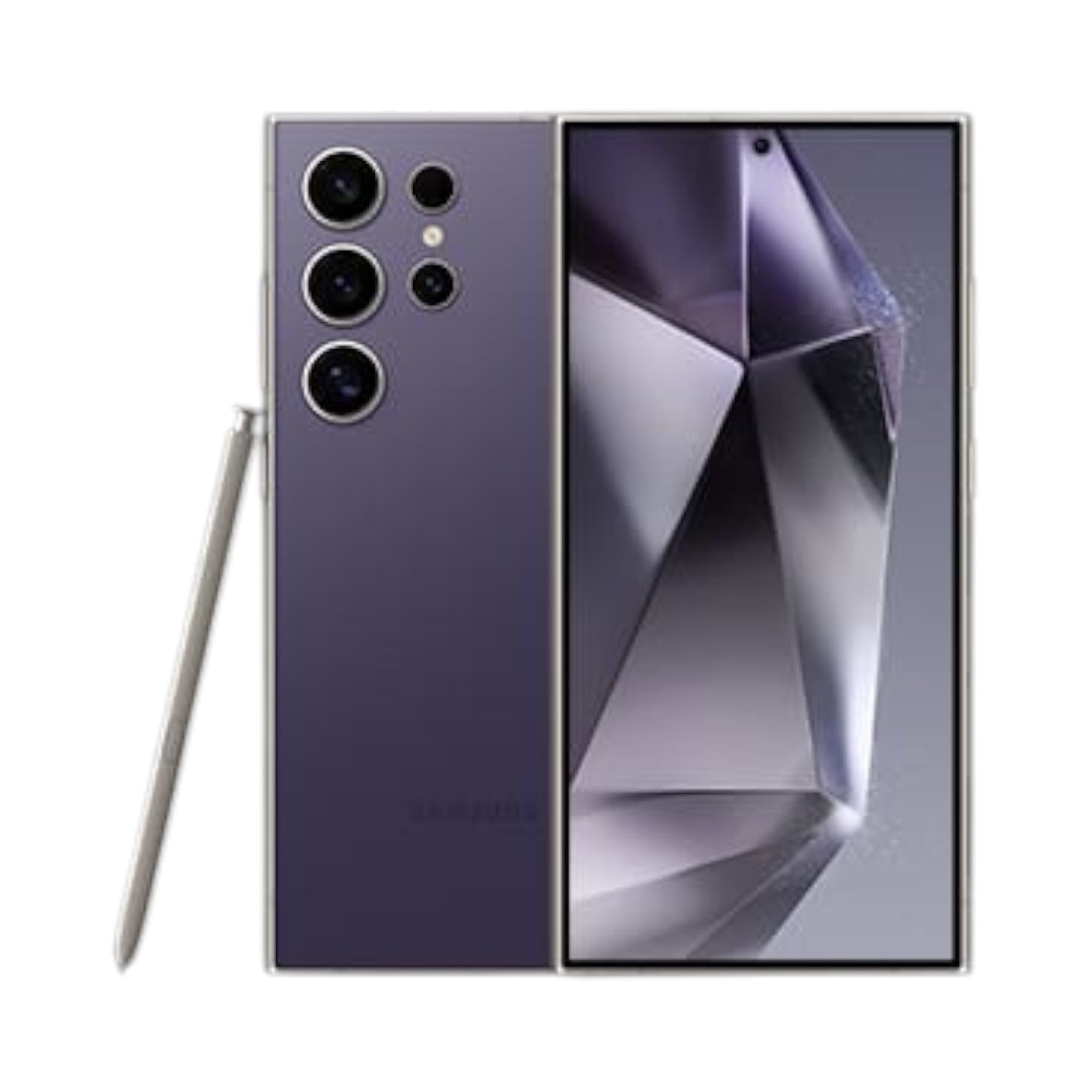 OBtech Samsung Galaxy S24 Ultra in violet with titanium frame, quad camera system, and included S Pen stylus