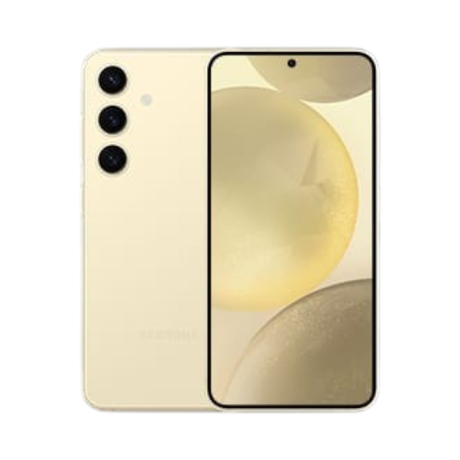 OBtech Samsung Galaxy S24 smartphone in amber yellow with a triple-camera system and vibrant AMOLED display.