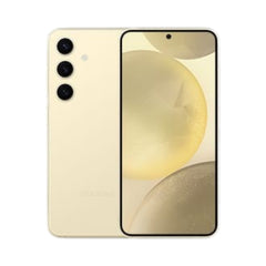 OBtech Samsung Galaxy S24 smartphone in amber yellow with a triple-camera system and vibrant AMOLED display.