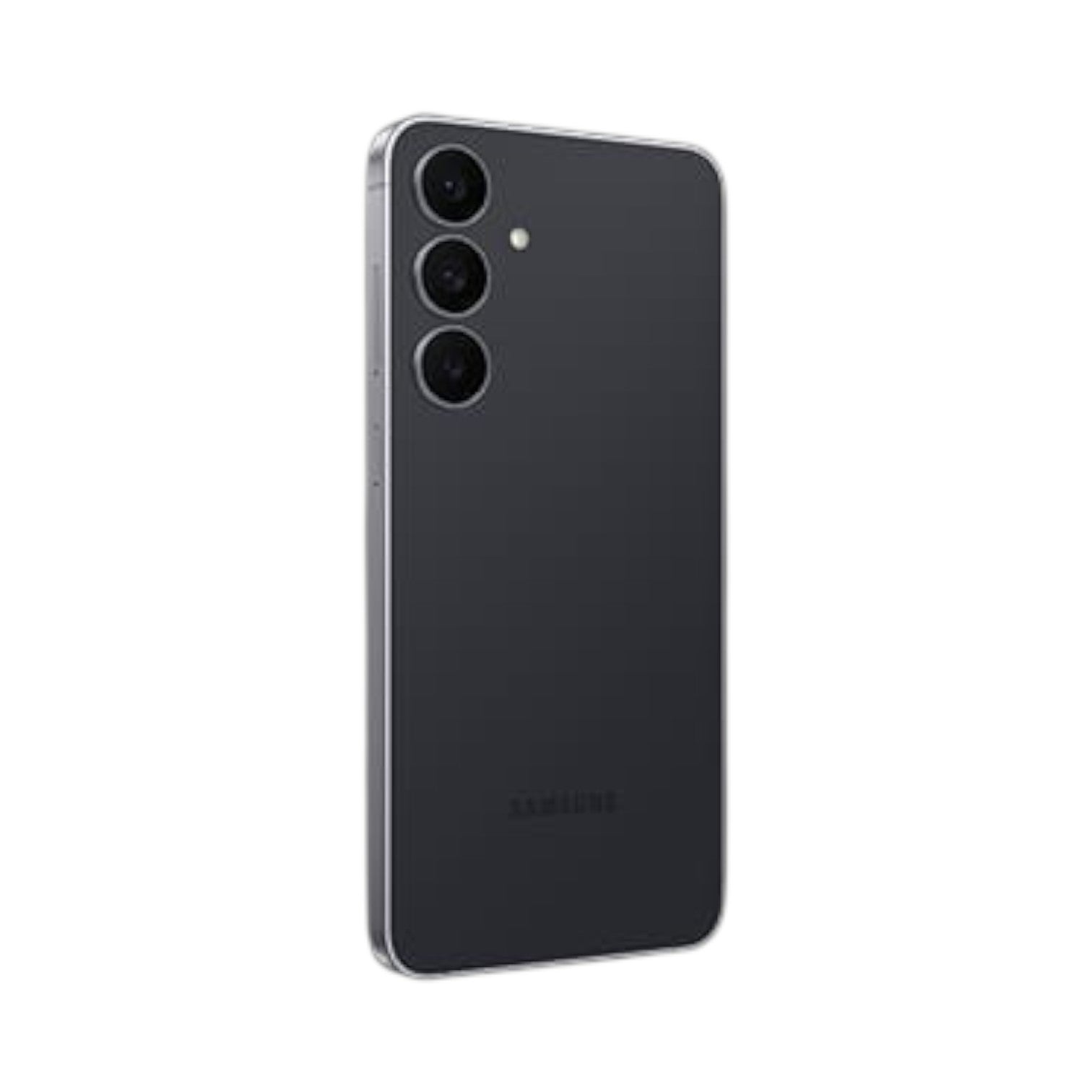 OBtech Samsung Galaxy S25 FE smartphone in charcoal grey with a triple-camera system, viewed from the rear angle.