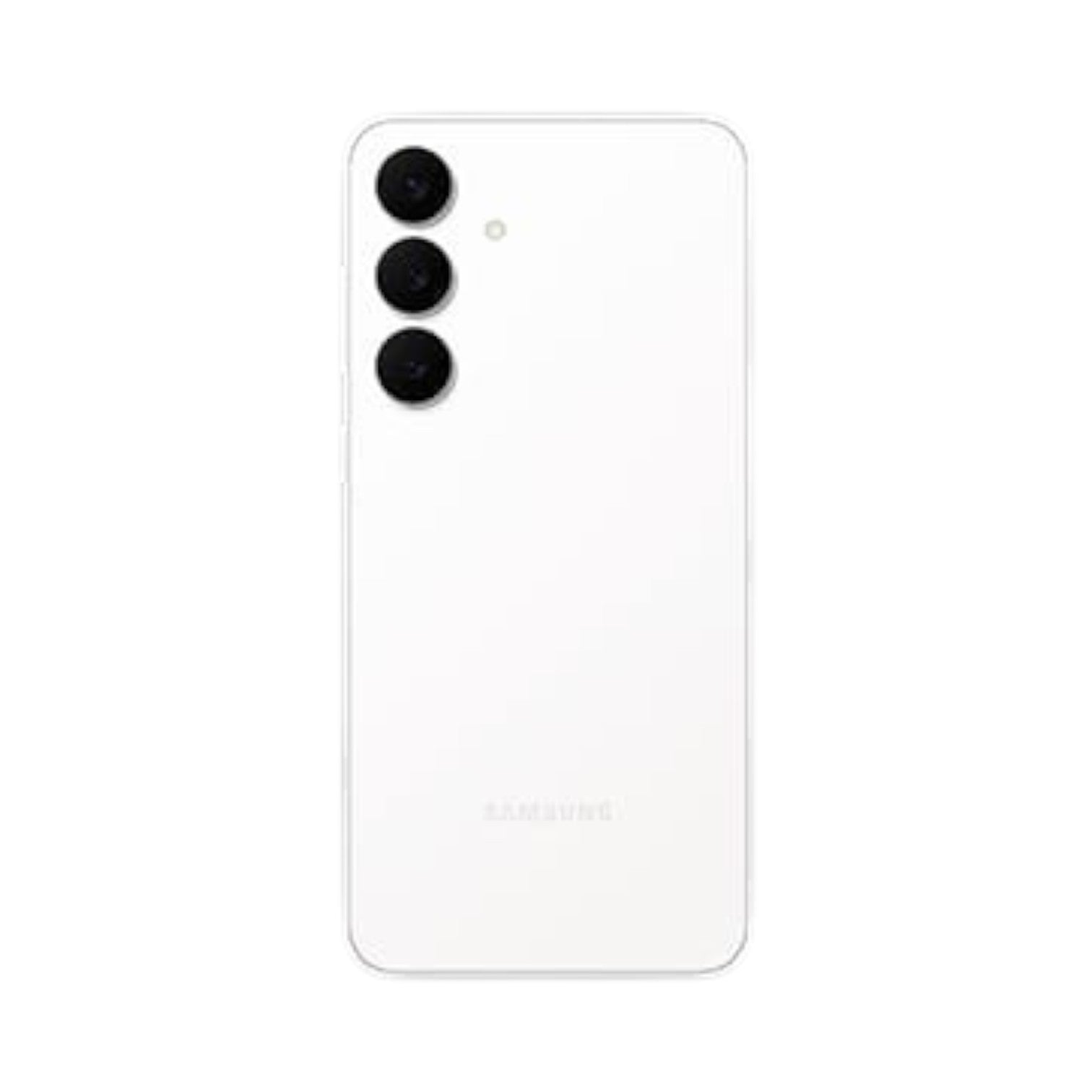 OBtech Samsung Galaxy S25 FE smartphone in white, featuring a sleek triple-camera system on the back.