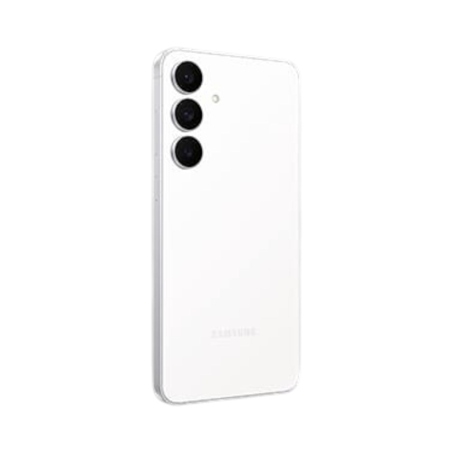 OBtech Samsung Galaxy S25 FE smartphone in white, showing the rear triple-camera system and sleek design.