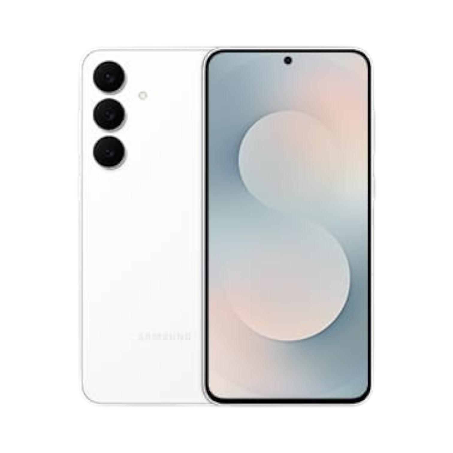 OBtech Samsung Galaxy S25 FE smartphone in white, showing the front display and triple-camera rear panel.