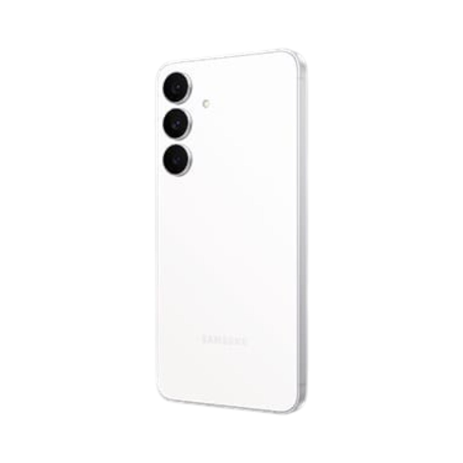 OBtech Samsung Galaxy S25 FE smartphone in white, showing the rear triple-camera system and sleek design.