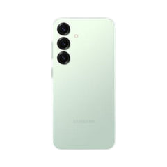 OBtech Samsung Galaxy S25 smartphone in a light green finish, showing the triple-camera system on the back.