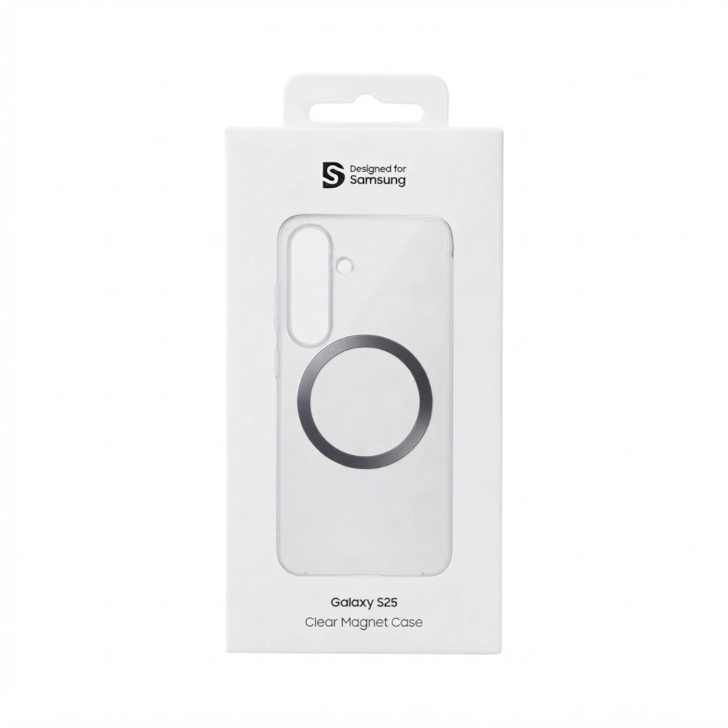 OBtech Samsung Galaxy S25 clear magnetic phone case in retail packaging with visible magnetic ring