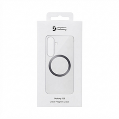OBtech Samsung Galaxy S25 clear magnetic phone case in retail packaging with visible magnetic ring