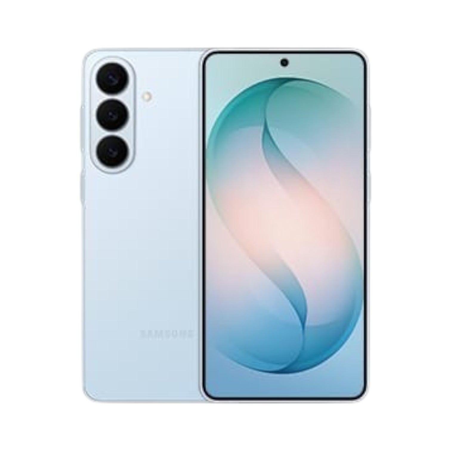 OBtech Samsung Galaxy S26 smartphone in light blue with a triple-lens camera system and vibrant AMOLED display.