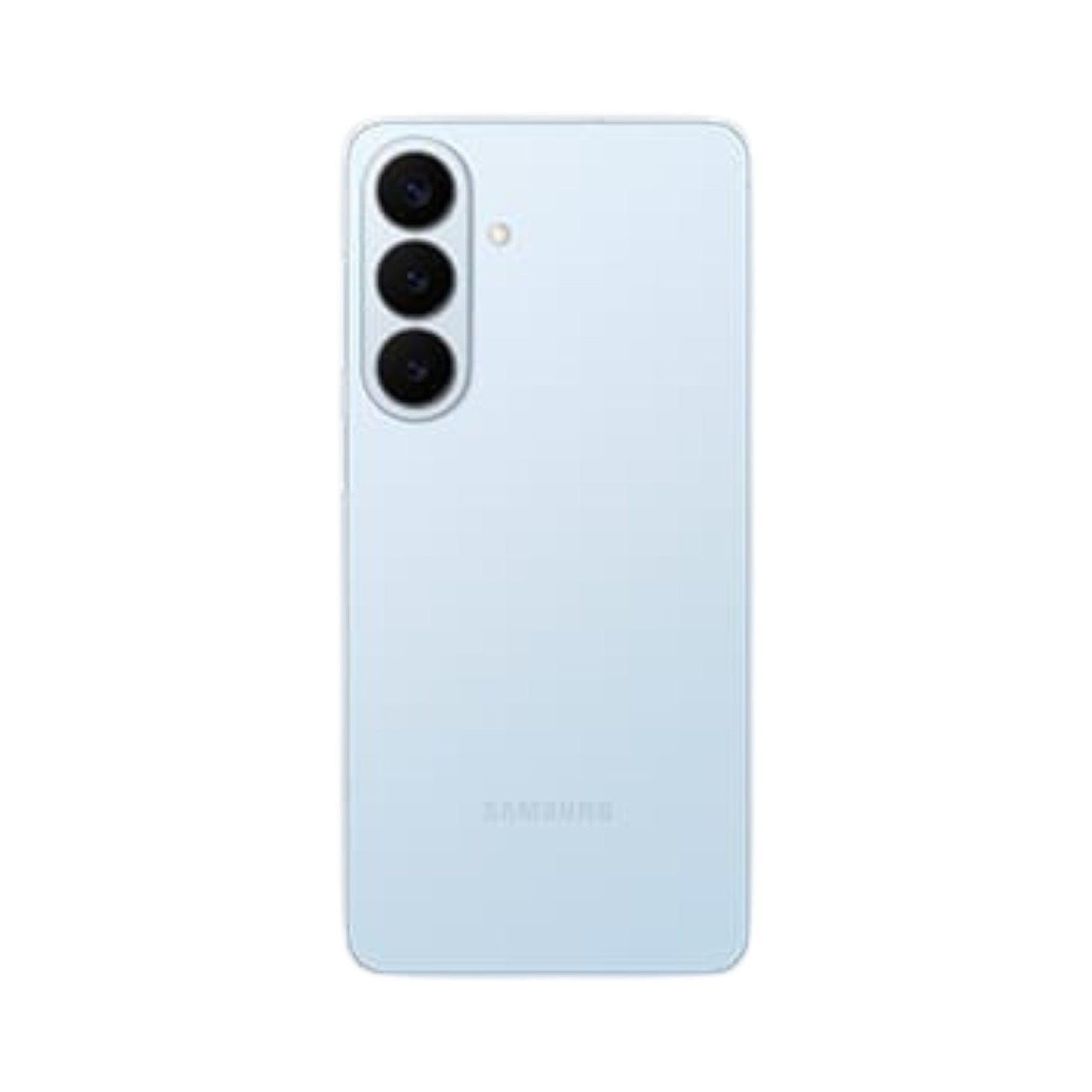 OBtech Samsung Galaxy S26 smartphone in light blue with a sleek glass back and triple-lens camera system.