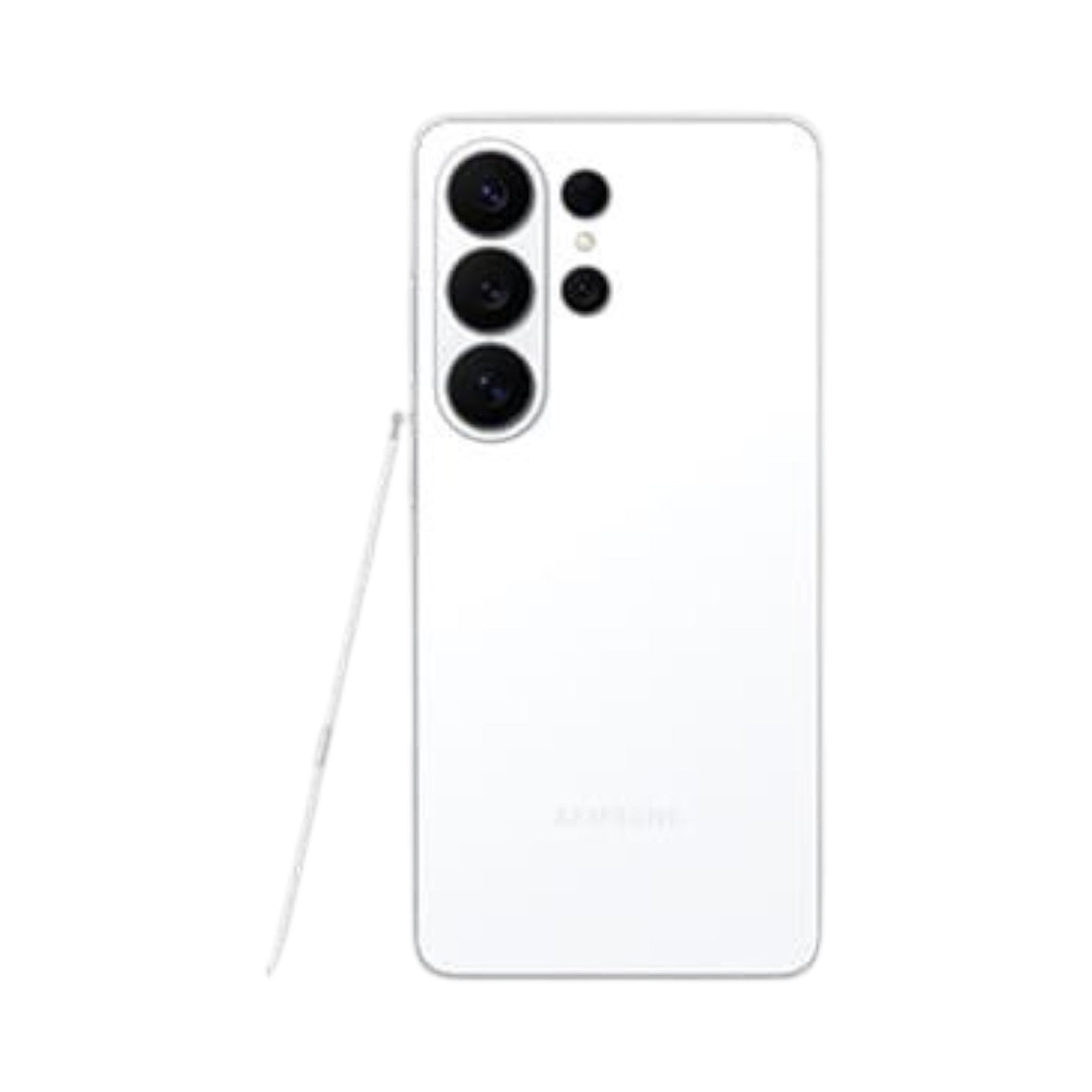 OBtech Samsung Galaxy S26 Ultra in white with quad camera system and S Pen stylus shown on the side