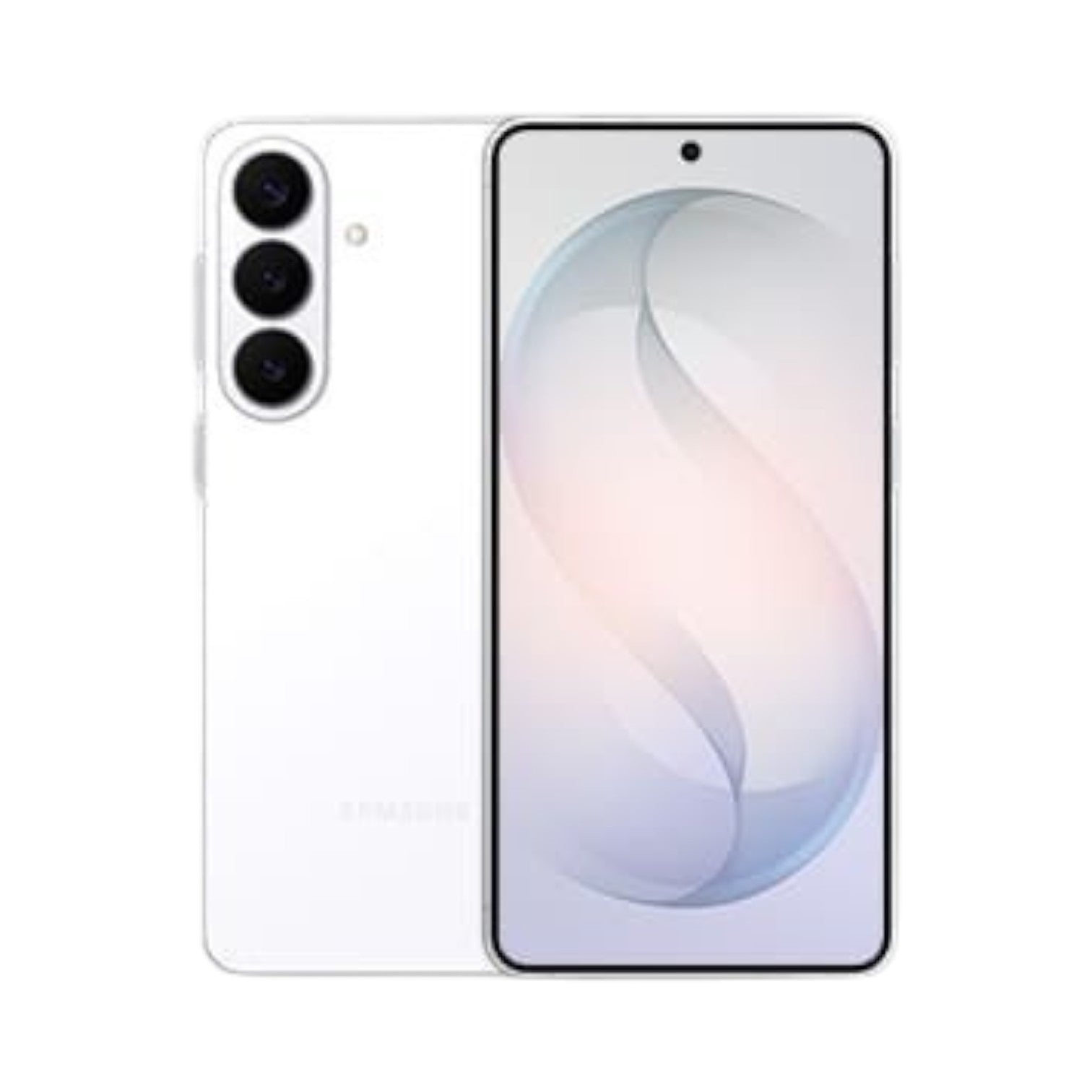 OBtech Samsung Galaxy S26 smartphone in white with a triple-lens camera system and a sleek AMOLED display.