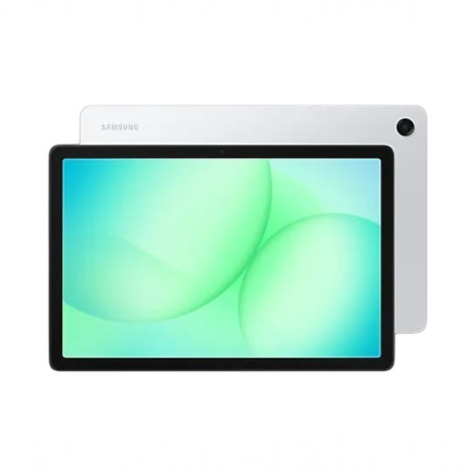 OBtech Samsung Galaxy Tab A11+ tablet showing front screen and silver rear casing with camera lens