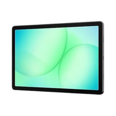 OBtech Samsung Galaxy Tab A11+ tablet with a slim black frame and a bright green abstract wallpaper display