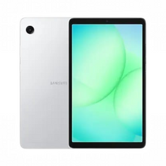 OBtech Samsung Galaxy Tab A11 showing the silver back casing and front display with a vibrant green abstract wallpaper
