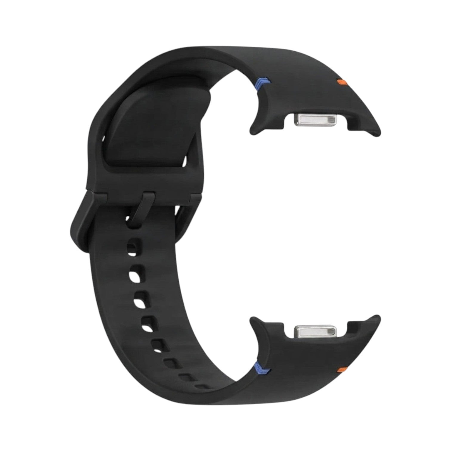 OBtech black silicone strap for Samsung Galaxy Watch 8 with small blue and orange accent stitching