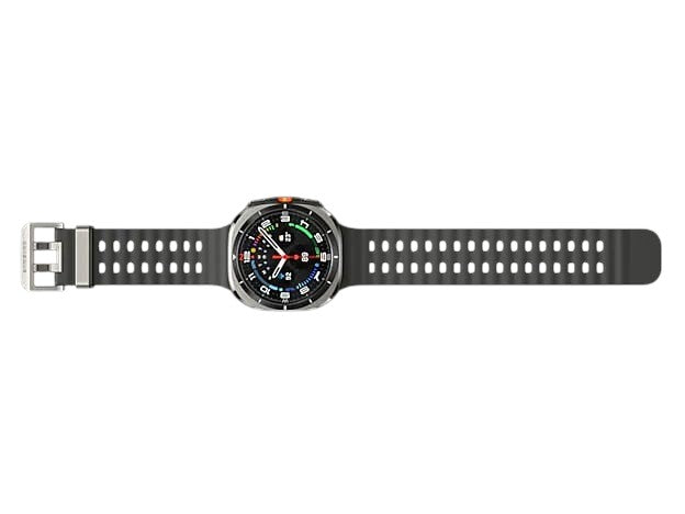 OBtech Samsung Galaxy Watch Ultra with a 47mm titanium cushion-style body and a perforated grey silicone sport band.