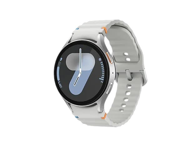 OBtech Samsung Galaxy Watch7 44mm smartwatch with a white silicone band and vibrant accent stitching on black background