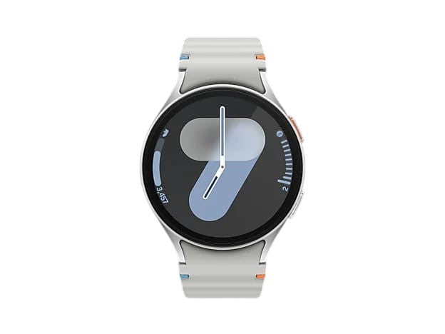 OBtech Samsung Galaxy Watch7 44mm smartwatch with a silver aluminum case, bright AMOLED display, and light grey band.