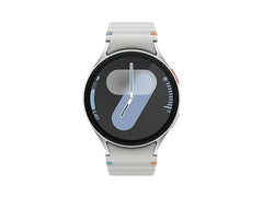 OBtech Samsung Galaxy Watch7 44mm smartwatch with a silver aluminum case, bright AMOLED display, and light grey band.