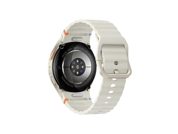 OBtech Samsung Galaxy Watch7 44mm smartwatch showing the BioActive sensor on the back and a light-colored silicone band.