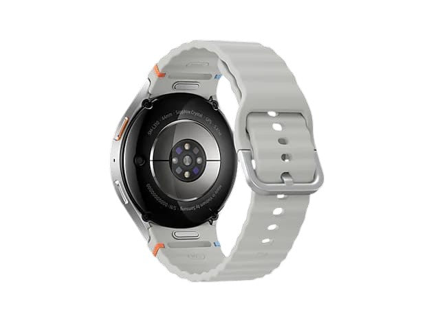 OBtech Samsung Galaxy Watch7 44mm smartwatch showing the back sensor array, aluminum casing, and light grey strap.
