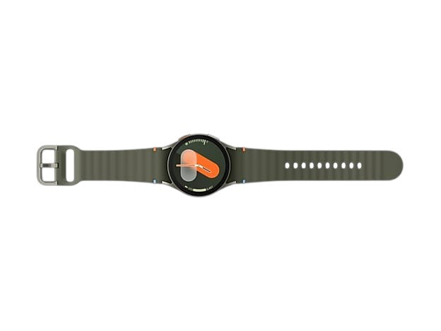OBtech Samsung Galaxy Watch7 44mm in green with a silicone band and vibrant Super AMOLED display on black background.