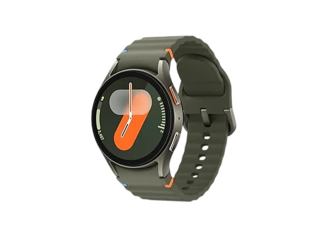 OBtech Samsung Galaxy Watch7 44mm in green with a silicone band, featuring a vibrant Super AMOLED display.