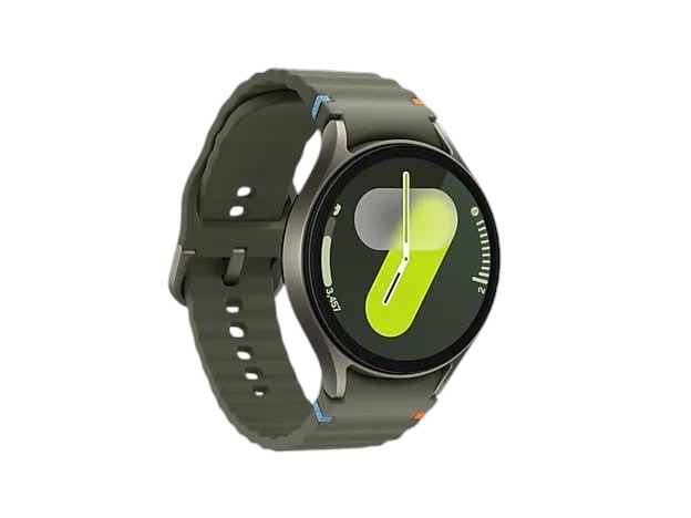 OBtech Samsung Galaxy Watch7 44mm in green with a textured silicone band and vibrant digital watch face.