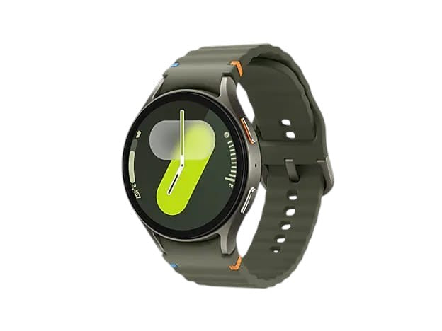 OBtech Samsung Galaxy Watch7 44mm smartwatch in olive green with a textured silicone strap and digital watch face.