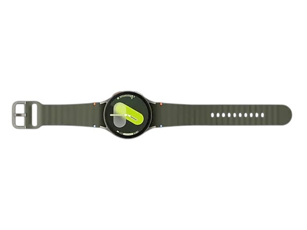 OBtech Samsung Galaxy Watch7 44mm in olive green with a vibrant Super AMOLED display and silicone sport band.