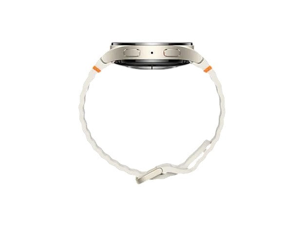 Side view of the OBtech Samsung Galaxy Watch7 44mm with a white silicone strap and durable aluminum casing.
