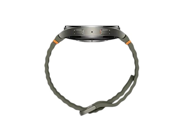 Side view of the OBtech Samsung Galaxy Watch7 44mm with a green silicone strap and orange stitching details.
