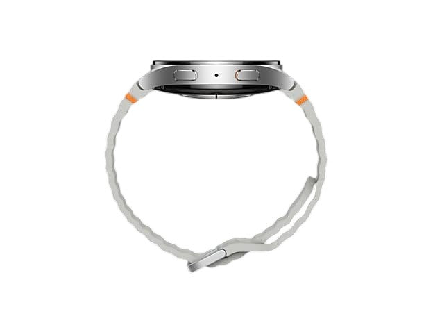 OBtech Samsung Galaxy Watch7 44mm in silver with a textured grey silicone band, side profile view.
