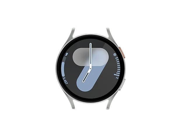OBtech Samsung Galaxy Watch7 44mm with a bright Super AMOLED display showing a digital clock face on black background.