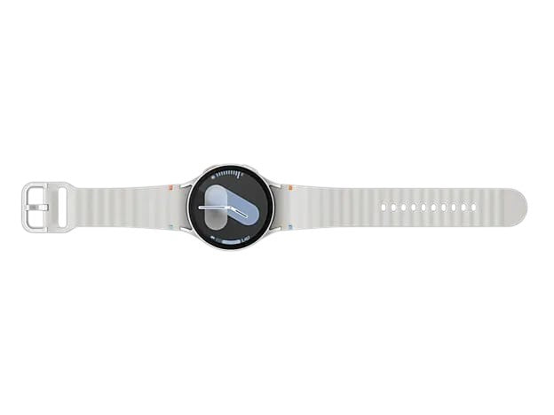 OBtech Samsung Galaxy Watch7 44mm smartwatch with a white silicone band and a bright Super AMOLED display.