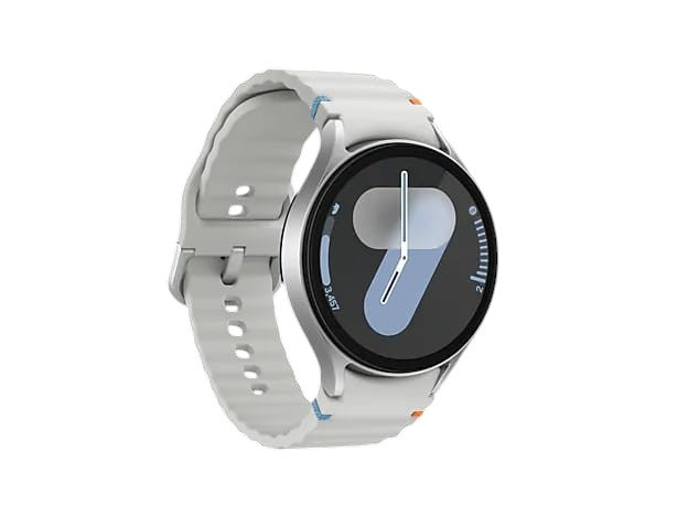 OBtech Samsung Galaxy Watch7 44mm smartwatch with a white silicone band and vibrant digital watch face on black background