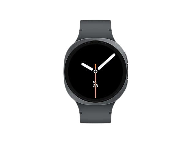 OBtech Samsung Galaxy Watch8 44mm in dark grey with a vibrant Super AMOLED display on a black background.