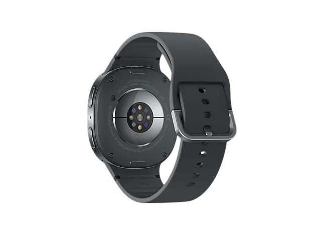 OBtech Samsung Galaxy Watch8 44mm smartwatch showing the back sensor array and grey silicone strap